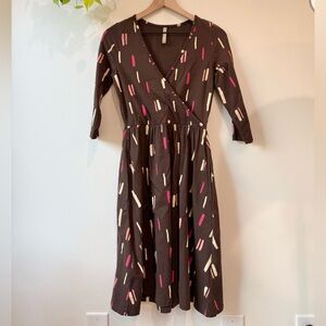 Mata Traders Organic Cotton Wrap Dress Brown Pink Print 3/4 Sleeve Size Small